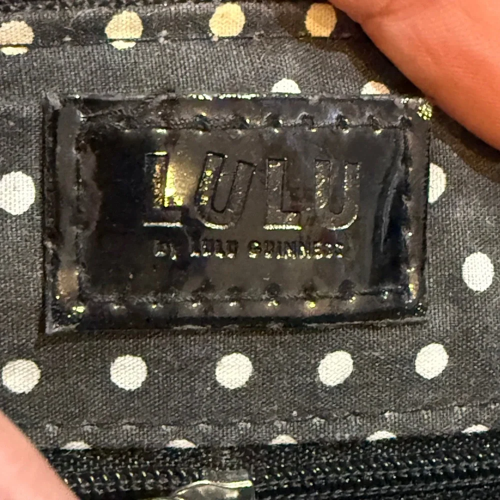 Lulu Guinness Black Patent Heart Quilted Wristlet Clutch Lip Turn Lock Polka Dot
